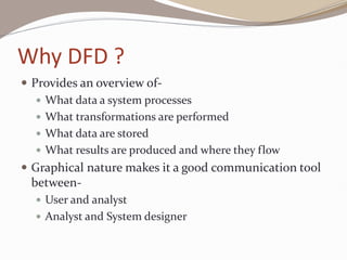 Why DFD ?
 Provides an overview of-
 What data a system processes
 What transformations are performed
 What data are stored
 What results are produced and where they flow
 Graphical nature makes it a good communication tool
between-
 User and analyst
 Analyst and System designer
 