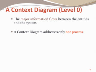 A Context Diagram (Level 0)
 The major information flows between the entities
and the system.
 A Context Diagram addresses only one process.
19
 