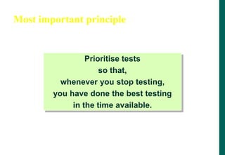 Most important principle
Prioritise tests
so that,
whenever you stop testing,
you have done the best testing
in the time available.
 
