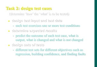 Task 2: design test cases
 design test input and test data
- each test exercises one or more test conditions
 determine expected results
- predict the outcome of each test case, what is
output, what is changed and what is not changed
 design sets of tests
- different test sets for different objectives such as
regression, building confidence, and finding faults
(determine „how‟ the „what‟ is to be tested)
 