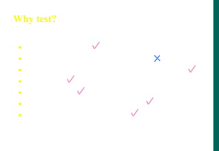 Why test?
 build confidence
 prove that the software is correct
 demonstrate conformance to requirements
 find faults
 reduce costs
 show system meets user needs
 assess the software quality
 