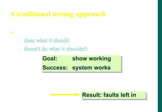 A traditional testing approach
 Show that the system:
- does what it should
- doesn't do what it shouldn't
Fastest achievement: easy test cases
Goal: show working
Success: system works
Result: faults left in
 