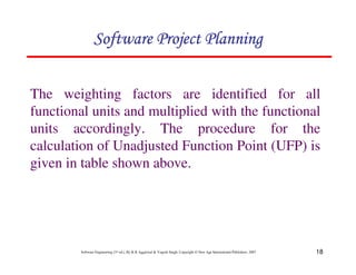18
Software Engineering (3rd ed.), By K.K Aggarwal  Yogesh Singh, Copyright © New Age International Publishers, 2007
The weighting factors are identified for all
functional units and multiplied with the functional
units accordingly. The procedure for the
calculation of Unadjusted Function Point (UFP) is
given in table shown above.
123456789A72B8C49AD6EEFE
123456789A72B8C49AD6EEFE
123456789A72B8C49AD6EEFE
123456789A72B8C49AD6EEFE
 