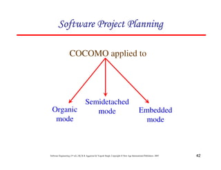 42
Software Engineering (3rd ed.), By K.K Aggarwal  Yogesh Singh, Copyright © New Age International Publishers, 2007
COCOMO applied to
Semidetached
mode Embedded
mode
Organic
mode
123456789A72B8C49AD6EEFE
123456789A72B8C49AD6EEFE
123456789A72B8C49AD6EEFE
123456789A72B8C49AD6EEFE
 