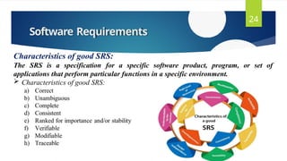Software Requirements
24
Characteristics of good SRS:
The SRS is a specification for a specific software product, program, or set of
applications that perform particular functions in a specific environment.
 Characteristics of good SRS:
 