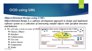 OOD using UML
Dr. K. Adisesha
28
Object-Oriented Design using UML:
Object-Oriented Design is a software development approach to design and implement
software system as a collection of interacting stateful objects with specified structure
and behavior.
➢ We will take a look at some of OOD concepts that seem relevant to the UML:
❖ Classes, Object
❖ Interface
❖ Collaboration
❖ Use case
❖ Active classes
❖ Components
❖ Nodes
 