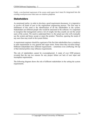 CS504-Software Engineering – I
Finally, a non-functional requirement of the system could require that

VU
it must be integrated into the

existing word-processor that runs on windows platform.

Stakeholders
As mentioned earlier, in order to develop a good requirement document, it is imperative
to involve all kinds of user in the requirement engineering process. The first step in
fulfillment of this need is the identification of all the stakeholders in the system.
Stakeholders are different people who would be interested in the software. It is important
to recognize that management carries a lot of weight, but they usually are not the actual
users of the system. We need to understand that it is the actual user who will eventually
use the system and hence accept or reject the product. Therefore, ignoring the needs of
any user class may result in the system failure.
A requirement engineer should be cognizant of the fact that stakeholders have a tendency
to state requirements in very general and vague terms. Some times they trivialize things.
Different stakeholders have different requirements – sometimes even conflicting. On top
of that internal politics may influence requirements.
The role of stakeholders cannot be overemphasized. A study of over 8300 projects
revealed that the top two reasons for any project failure are lack of user input and
incomplete requirements.
The following diagram shows the role of different stakeholders in the setting the system
requirements.

_____________________________________________________________________ 24
© Copyright Virtual University of Pakistan

 