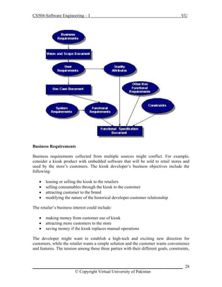 CS504-Software Engineering – I

VU

Business Requirements
Business requirements collected from multiple sources might conflict. For example,
consider a kiosk product with embedded software that will be sold to retail stores and
used by the store’s customers. The kiosk developer’s business objectives include the
following:





leasing or selling the kiosk to the retailers
selling consumables through the kiosk to the customer
attracting customer to the brand
modifying the nature of the historical developer-customer relationship

The retailer’s business interest could include:




making money from customer use of kiosk
attracting more customers to the store
saving money if the kiosk replaces manual operations

The developer might want to establish a high-tech and exciting new direction for
customers, while the retailer wants a simple solution and the customer wants convenience
and features. The tension among these three parties with their different goals, constraints,

_____________________________________________________________________ 28
© Copyright Virtual University of Pakistan

 