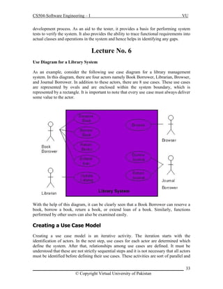 CS504-Software Engineering – I

VU

development process. As an aid to the tester, it provides a basis for performing system
tests to verify the system. It also provides the ability to trace functional requirements into
actual classes and operations in the system and hence helps in identifying any gaps.

Lecture No. 6
Use Diagram for a Library System
As an example, consider the following use case diagram for a library management
system. In this diagram, there are four actors namely Book Borrower, Librarian, Browser,
and Journal Borrower. In addition to these actors, there are 8 use cases. These use cases
are represented by ovals and are enclosed within the system boundary, which is
represented by a rectangle. It is important to note that every use case must always deliver
some value to the actor.

With the help of this diagram, it can be clearly seen that a Book Borrower can reserve a
book, borrow a book, return a book, or extend loan of a book. Similarly, functions
performed by other users can also be examined easily.

Creating a Use Case Model
Creating a use case model is an iterative activity. The iteration starts with the
identification of actors. In the next step, use cases for each actor are determined which
define the system. After that, relationships among use cases are defined. It must be
understood that these are not strictly sequential steps and it is not necessary that all actors
must be identified before defining their use cases. These activities are sort of parallel and
_____________________________________________________________________ 33
© Copyright Virtual University of Pakistan

 