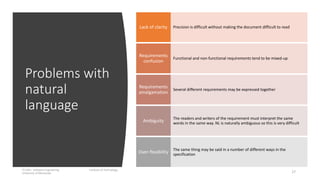 Problems with
natural
language
IT1204 – Software Engineering Institute of Technology,
University of Moratuwa 17
Precision is difficult without making the document difficult to readLack of clarity
Functional and non-functional requirements tend to be mixed-up
Requirements
confusion
Several different requirements may be expressed together
Requirements
amalgamation
The readers and writers of the requirement must interpret the same
words in the same way. NL is naturally ambiguous so this is very difficult
Ambiguity
The same thing may be said in a number of different ways in the
specification
Over-flexibility
 