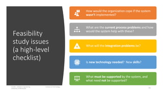 Feasibility
study issues
(a high-level
checklist)
IT1204 – Software Engineering Institute of Technology,
University of Moratuwa 21
How would the organization cope if the system
wasn’t implemented?
What are the current process problems and how
would the system help with these?
What will the integration problems be?
Is new technology needed? New skills?
What must be supported by the system, and
what need not be supported?
 