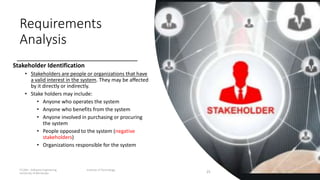 Requirements
Analysis
Stakeholder Identification
• Stakeholders are people or organizations that have
a valid interest in the system. They may be affected
by it directly or indirectly.
• Stake holders may include:
• Anyone who operates the system
• Anyone who benefits from the system
• Anyone involved in purchasing or procuring
the system
• People opposed to the system (negative
stakeholders)
• Organizations responsible for the system
IT1204 – Software Engineering Institute of Technology,
University of Moratuwa 25
 