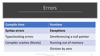 Errors
IT1204 – Software Engineering Institute of Technology,
University of Moratuwa 24
Compile time Runtime
Syntax errors Exceptions
Typechecking errors Dereferencing a null pointer
Compiler crashes (Rarely) Running out of memory
Division by zero
 