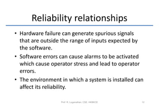 Reliability relationships
• Hardware failure can generate spurious signals
  that are outside the range of inputs expected by
  the software.
• Software errors can cause alarms to be activated
  which cause operator stress and lead to operator
  errors.
• The environment in which a system is installed can
  affect its reliability.

                  Prof. R. Loganathan, CSE, HKBKCE   12
 