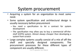 System procurement
• Acquiring a system for an organization to meet some
  need.
• Some system specification and architectural design is
  usually necessary before procurement
   – You need a specification to let a contract for system
     development
   – The specification may allow you to buy a commercial off-the-
     shelf (COTS) system. Almost always cheaper than developing a
     system from scratch
• Large complex systems usually consist of a mix of off the
  shelf and specially designed components. The
  procurement processes for these different types of
  component are usually different.
                      Prof. R. Loganathan, CSE, HKBKCE         38
 
