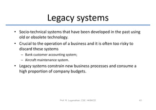Legacy systems
• Socio-technical systems that have been developed in the past using
  old or obsolete technology.
• Crucial to the operation of a business and it is often too risky to
  discard these systems
   – Bank customer accounting system;
   – Aircraft maintenance system.
• Legacy systems constrain new business processes and consume a
  high proportion of company budgets.




                          Prof. R. Loganathan, CSE, HKBKCE          43
 