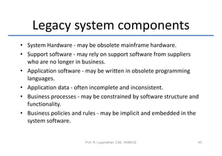 Legacy system components
• System Hardware - may be obsolete mainframe hardware.
• Support software - may rely on support software from suppliers
  who are no longer in business.
• Application software - may be written in obsolete programming
  languages.
• Application data - often incomplete and inconsistent.
• Business processes - may be constrained by software structure and
  functionality.
• Business policies and rules - may be implicit and embedded in the
  system software.


                        Prof. R. Loganathan, CSE, HKBKCE          45
 