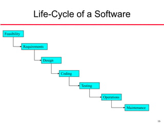 Life-Cycle of a Software
Feasibility


              Requirements


                         Design


                                  Coding


                                           Testing


                                                     Operations

                                                                  Maintenance


                                                                                16
 