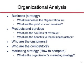 Organizational Analysis
   Business (strategy)
    •   What business is the Organization in?
    •   What are the products and services?
   Products and services
    •   What are the sources of revenue?
    •   What are the benefits to the business actors?
   Who are the customers?
   Who are the competitors?
   Marketing strategy (How to compete)
    •   What is the organization’s marketing strategy?

                                                         45
 