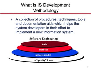 What is IS Development
            Methodology
   A collection of procedures, techniques, tools
    and documentation aids which helps the
    system developers in their effort to
    implement a new information system.
            Software Engineering
                       tools

                    methods

                process model

                a “quality” focus

                                                    8
 