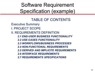Software Requirement
    Specification (example)
           TABLE OF CONTENTS
Executive Summary
I. PROJECT SCOPE
II. REQUIREMENTS DEFINITION
   2.1 END-USER BUSINESS FUNCTIONALITY
   2.2 USE-CASES FUNCTIONALITY
   2.3 WORKFLOWS/BUSINESS PROCESSES
   2.4 NON-FUNCTIONAL REQUIREMENTS
   2.5 DERIVED AND IMPLICITE REQUIREMENTS
   2.6 INTERFACE REQUIREMENTS
   2.7 REQUIREMENTS SPECIFICATIONS



                                            80
 
