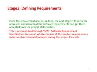 Stage2: Defining Requirements
• Once the requirement analysis is done, the next stage is to certainly
represent and document the software requirements and get them
accepted from the project stakeholders.
• This is accomplished through "SRS"- Software Requirement
Specification document which contains all the product requirements
to be constructed and developed during the project life cycle.
22
 