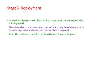 Stage6: Deployment
• Once the software is certified, and no bugs or errors are stated, then
it is deployed.
• Then based on the assessment, the software may be released as it is
or with suggested enhancement in the object segment.
• After the software is deployed, then its maintenance begins.
26
 