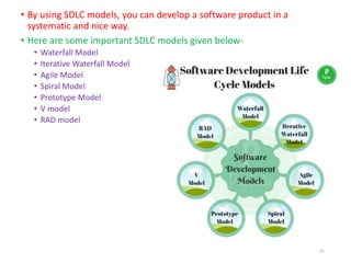 • By using SDLC models, you can develop a software product in a
systematic and nice way.
• Here are some important SDLC models given below-
• Waterfall Model
• Iterative Waterfall Model
• Agile Model
• Spiral Model
• Prototype Model
• V model
• RAD model
29
 