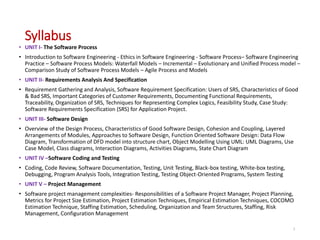 Syllabus
• UNIT I- The Software Process
• Introduction to Software Engineering - Ethics in Software Engineering - Software Process– Software Engineering
Practice – Software Process Models: Waterfall Models – Incremental – Evolutionary and Unified Process model –
Comparison Study of Software Process Models – Agile Process and Models
• UNIT II- Requirements Analysis And Specification
• Requirement Gathering and Analysis, Software Requirement Specification: Users of SRS, Characteristics of Good
& Bad SRS, Important Categories of Customer Requirements, Documenting Functional Requirements,
Traceability, Organization of SRS, Techniques for Representing Complex Logics, Feasibility Study, Case Study:
Software Requirements Specification (SRS) for Application Project.
• UNIT III- Software Design
• Overview of the Design Process, Characteristics of Good Software Design, Cohesion and Coupling, Layered
Arrangements of Modules, Approaches to Software Design, Function Oriented Software Design: Data Flow
Diagram, Transformation of DFD model into structure chart, Object Modelling Using UML: UML Diagrams, Use
Case Model, Class diagrams, Interaction Diagrams, Activities Diagrams, State Chart Diagram
• UNIT IV –Software Coding and Testing
• Coding, Code Review, Software Documentation, Testing, Unit Testing, Black-box testing, White-box testing,
Debugging, Program Analysis Tools, Integration Testing, Testing Object-Oriented Programs, System Testing
• UNIT V – Project Management
• Software project management complexities- Responsibilities of a Software Project Manager, Project Planning,
Metrics for Project Size Estimation, Project Estimation Techniques, Empirical Estimation Techniques, COCOMO
Estimation Technique, Staffing Estimation, Scheduling, Organization and Team Structures, Staffing, Risk
Management, Configuration Management
3
 