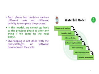 • Each phase has contains various
different tasks and different
activity to complete the process.
• In this model, we cannot go back
to the previous phase to alter any
thing if we come to the next
phase.
• Overlapping is not done with the
phases/stages of software
development life cycle.
31
 