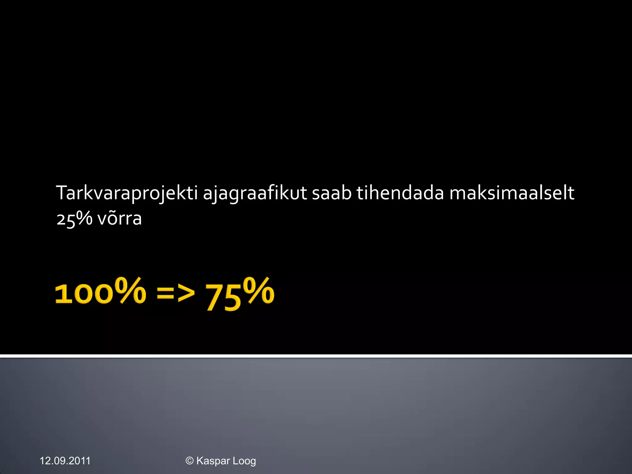 Tarkvaraprojekti ajagraafikut saab tihendada maksimaalselt
   25% võrra




12.09.2011       © Kaspar Loog
 