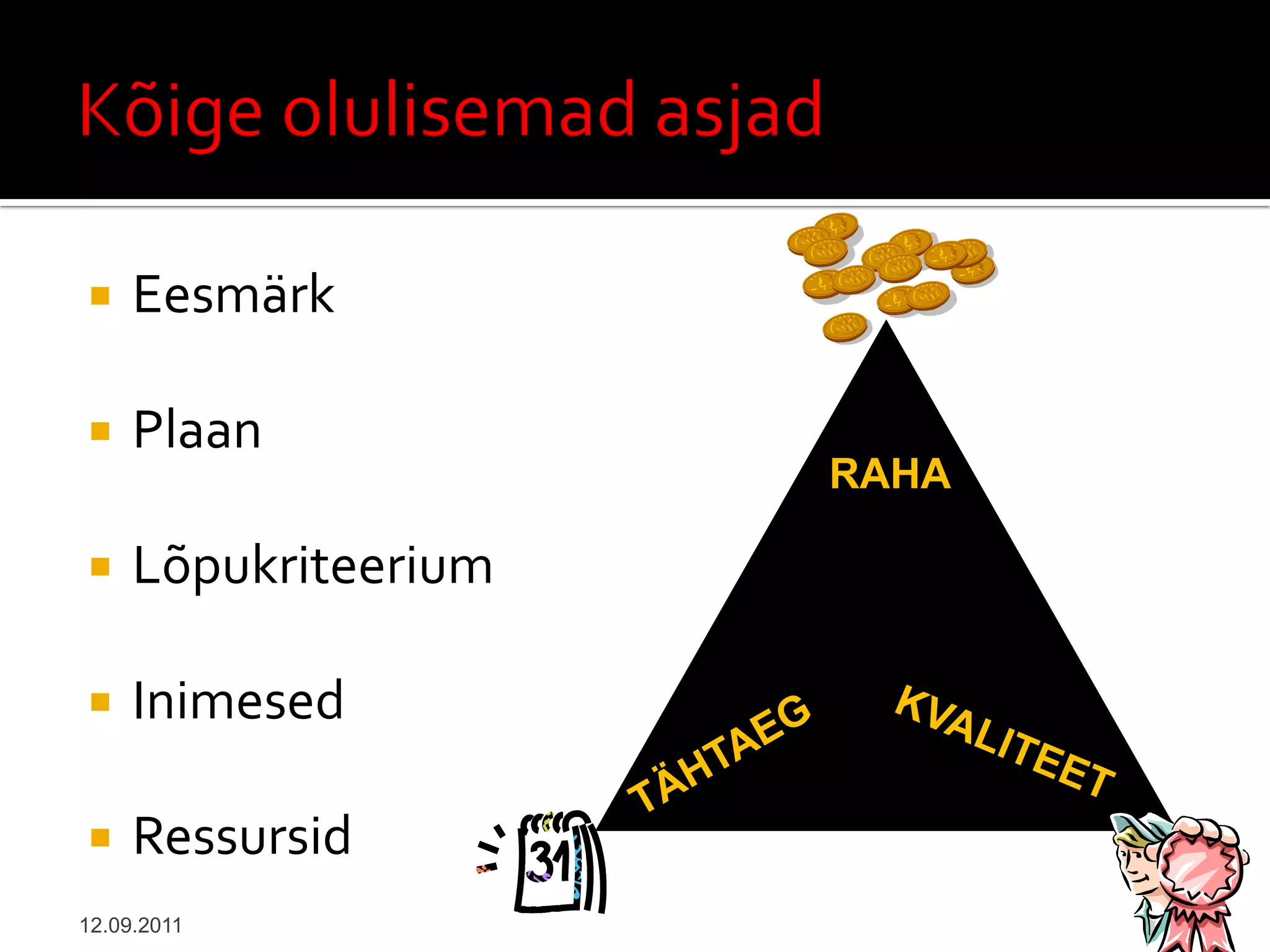     Eesmärk

    Plaan
                      RAHA

    Lõpukriteerium

    Inimesed

    Ressursid
12.09.2011
 