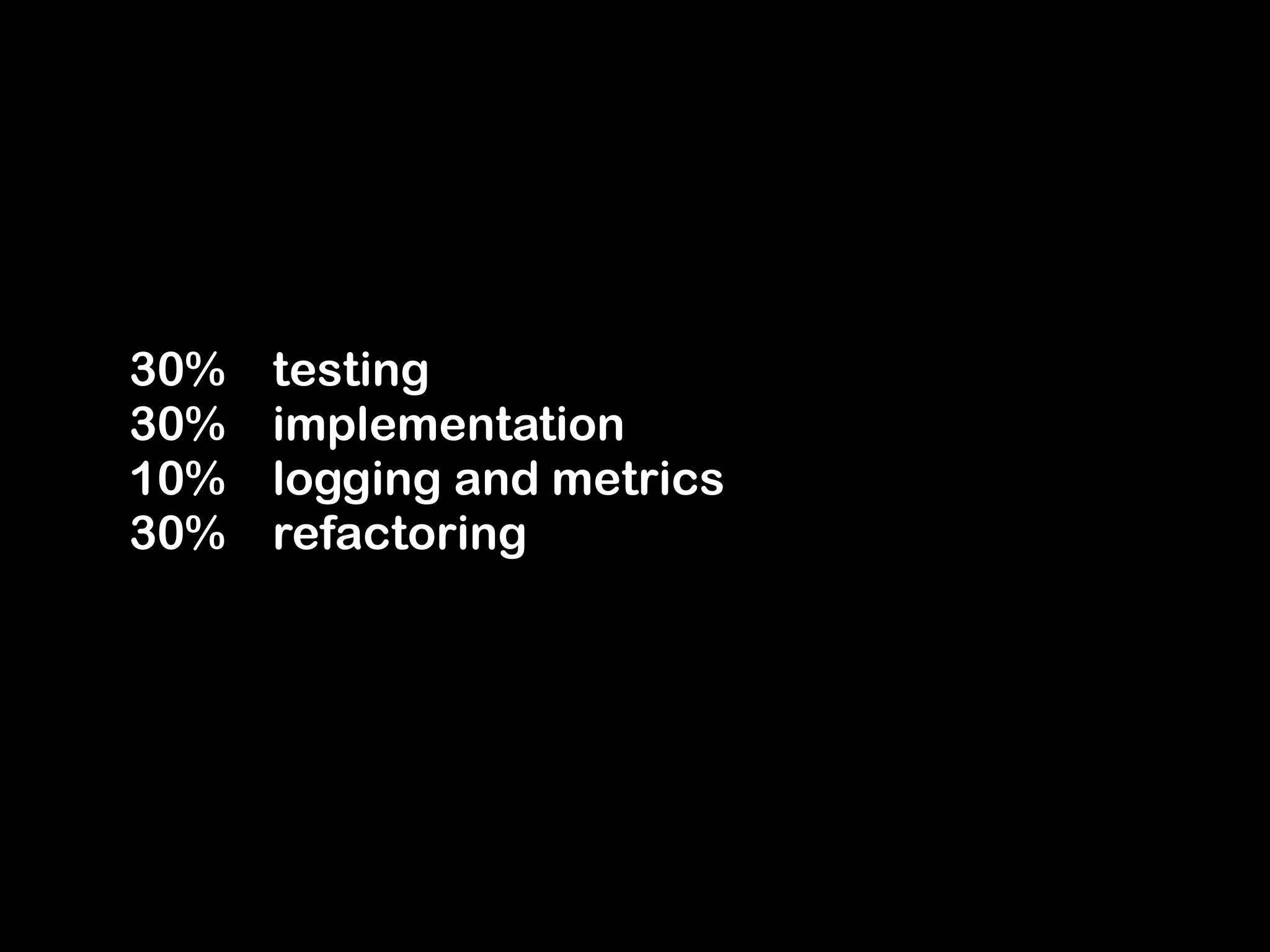 30% testing 
30% implementation 
10% logging and metrics 
30% refactoring 
 