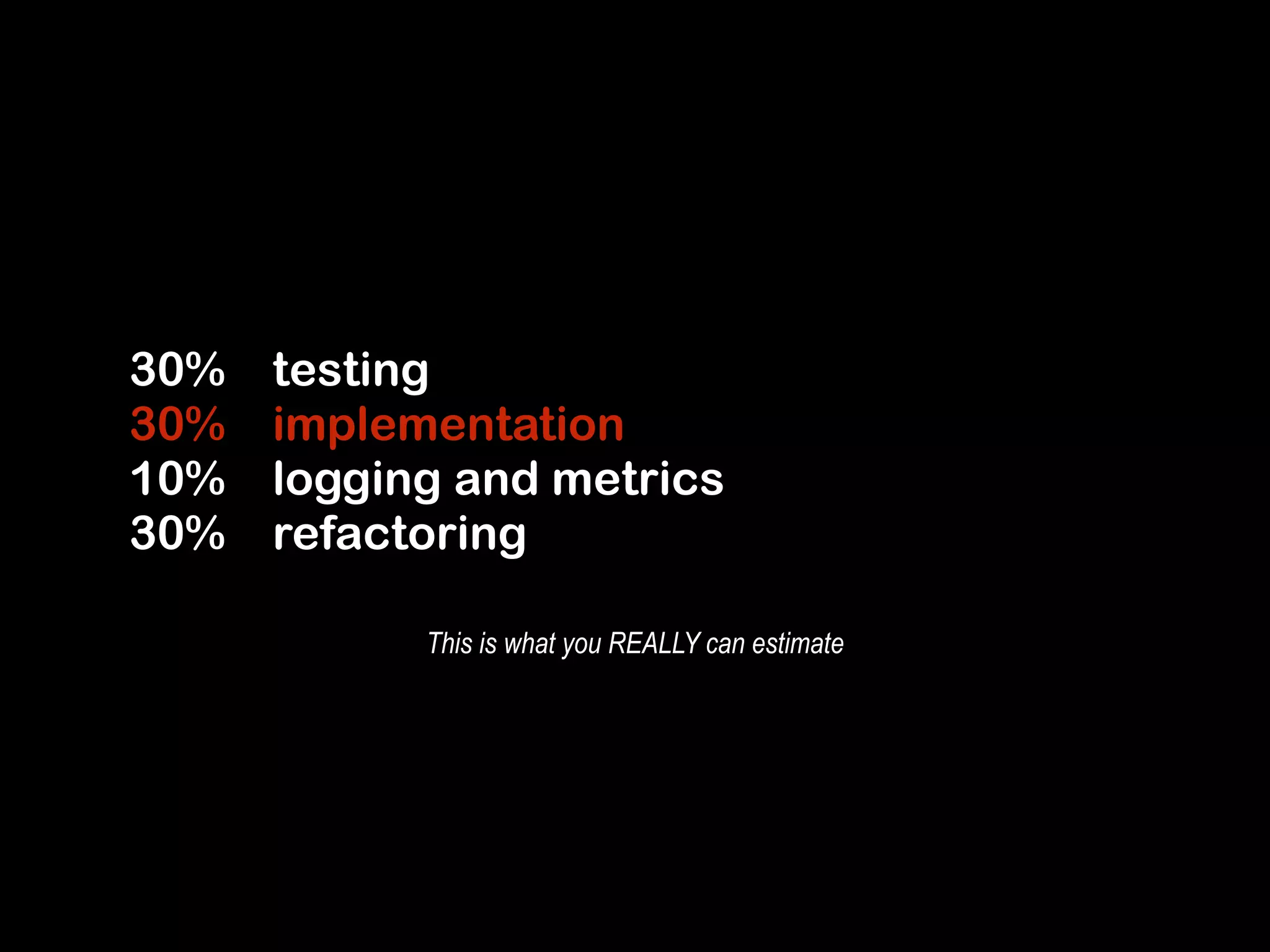 30% testing 
30% implementation 
10% logging and metrics 
30% refactoring 
This is what you REALLY can estimate 
 