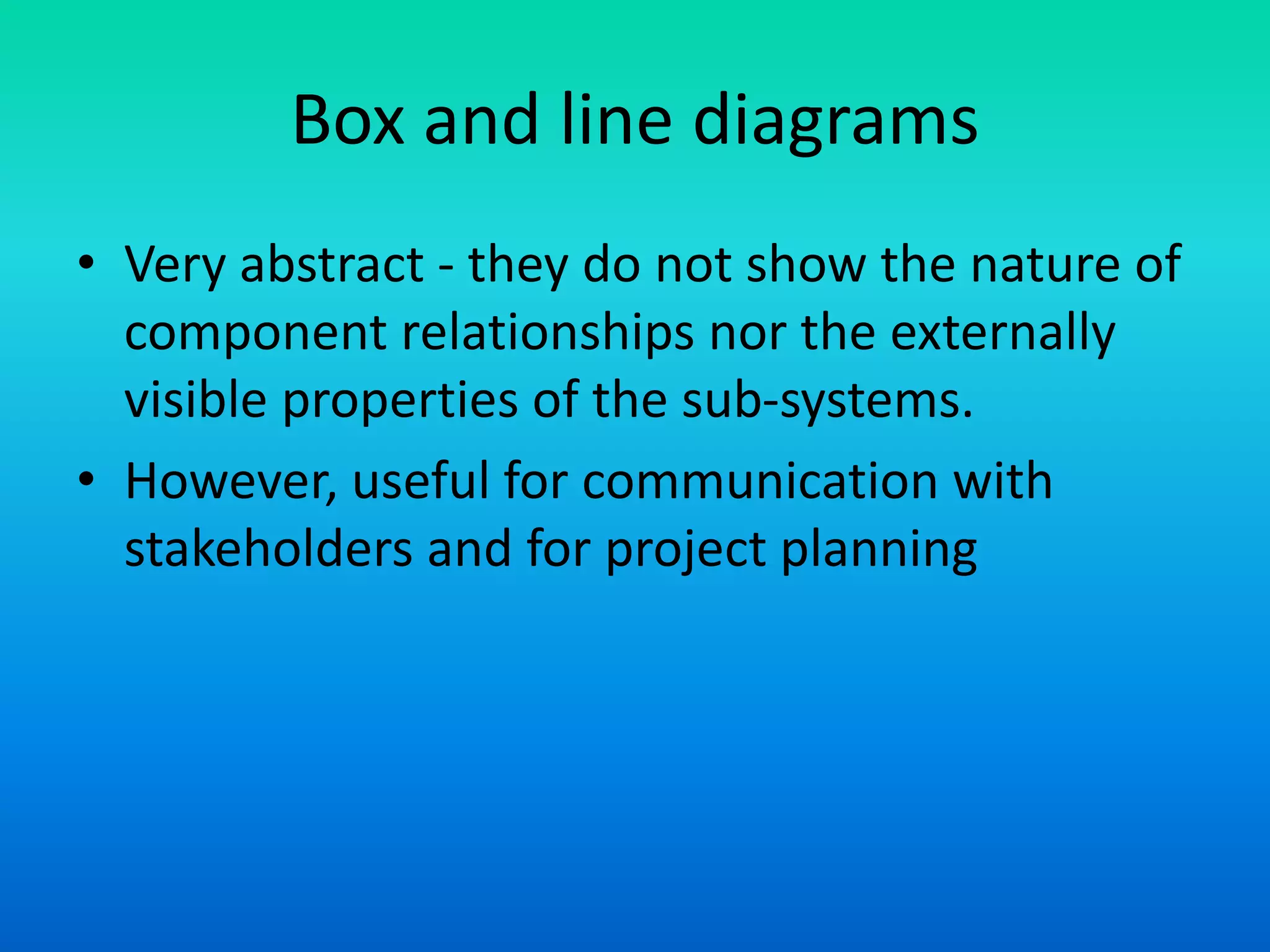 Box and line diagrams
• Very abstract - they do not show the nature of
component relationships nor the externally
visible properties of the sub-systems.
• However, useful for communication with
stakeholders and for project planning
 