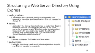 Structuring a Web Server Directory Using
Express
• node_modules
• A directory with the node.js module installed for the
purpose of executing a web application. There is no need to
change it.
• Public
• A directory for storing files distributed as static files. Deploys
outside JS libraries such as jquery, css file, or the client
use.jp file prepared by you. When accessed from the client,
files are directly accessed below public; therefore, for
example, file “public/index.html” can be accessed as
“http://localhost:4000/index.html.”
• app.js
• A node.js program that is executed as a server.
• package.json
• A file for describing a web application’s dependent module
etc. There is no need to change it.
140
 