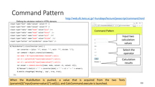 Command Pattern
153
$("#calcButton").click(function (evt) {
var converter = {plus: "+", minus: "-", mult: "*", divide: "/"};
var command = Object.create(CalcCommand);
var mode = $("input[name=mode]:checked").val();
var v1 = parseInt($("input[name=value1]").val());
var v2 = parseInt($("input[name=value2]").val());
var answer = command.execute({name: mode, value1: v1, value2: v2});
$("#answer").html(v1 + " " + converter[mode] + " " + v2 + " = " + answer);
$.mobile.changePage('#dialog', 'pop', true, true);
});
When the #calcButton is pushed, a value that is acquired from the two Texts
(parseInt($("input[name=value1]").val());), and CalcCommand.execute is launched.
<input type="text" name="value1" value="2" />
<input type="text" name="value2" value="3" />
<input type="radio" name="mode" value="plus" />+
<input type="radio" name="mode" value="minus" />-
<input type="radio" name="mode" value="mult" />*
<input type="radio" name="mode" value="divide" />/
<input type="button" id=“calcButton" value="Calc" />
Input two
calculation
values
Select the
operator
Calculation
results
Defining the calculation method in HTML elements
http://web.sfc.keio.ac.jp/~kurabaya/lecture/javascript/command.html
 