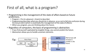 First of all, what is a program?
• Programming is the management of the state of affairs based on future
predictions.
• Program = Pro (in advance) + Gram( to describe)
• Programming describes what you should do in advance, so as not to fall into confusion during
the actual event (which is essentially the management of the state of affairs).
• When you program, you are thinking about the future.
• Regardless of computers, the basic of programming is abstraction.
• If you find yourself captivated by tangible things, you cannot predict the future.
• Abstraction allows you to handle uncertain elements.
16
Music Player
GUI
File
Management
System
MP3
AAC(iTunes)
Wav
Abstractionof
fileformat
E.g.:
File formats will
increase in
number in the
future.
 