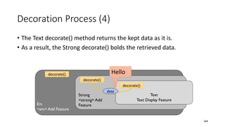Decoration Process (4)
• The Text decorate() method returns the kept data as it is.
• As a result, the Strong decorate() bolds the retrieved data.
164
Text
Text Display Feature
Strong
<strong> Add
FeatureEm
<em> Add Feature
decorate()
decorate()
decorate()
data
Hello
 