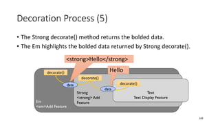 Decoration Process (5)
• The Strong decorate() method returns the bolded data.
• The Em highlights the bolded data returned by Strong decorate().
165
Text
Text Display Feature
Strong
<strong> Add
FeatureEm
<em>Add Feature
decorate()
decorate()
decorate()
data
data
<strong>Hello</strong>
Hello
 