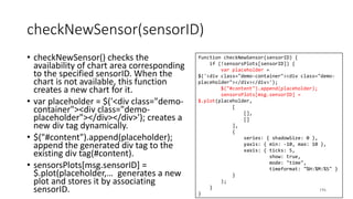 function checkNewSensor(sensorID) {
if (!sensorsPlots[sensorID]) {
var placeholder =
$('<div class="demo-container"><div class="demo-
placeholder"></div></div>');
$("#content").append(placeholder);
sensorsPlots[msg.sensorID] =
$.plot(placeholder,
[
[],
[]
],
{
series: { shadowSize: 0 },
yaxis: { min: -10, max: 10 },
xaxis: { ticks: 5,
show: true,
mode: "time",
timeformat: "%H:%M:%S" }
}
);
}
}
checkNewSensor(sensorID)
• checkNewSensor() checks the
availability of chart area corresponding
to the specified sensorID. When the
chart is not available, this function
creates a new chart for it.
• var placeholder = $('<div class="demo-
container"><div class="demo-
placeholder"></div></div>'); creates a
new div tag dynamically.
• $("#content").append(placeholder);
append the generated div tag to the
existing div tag(#content).
• sensorsPlots[msg.sensorID] =
$.plot(placeholder,… generates a new
plot and stores it by associating
sensorID. 196
 