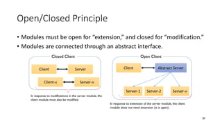 Open/Closed Principle
• Modules must be open for “extension,” and closed for “modification.”
• Modules are connected through an abstract interface.
20
Client Server Client Abstract Server
Server-1 Server-2 Server-n
Closed Client Open Client
Client-n Server-n
In response to modifications in the server module, the
client module must also be modified.
In response to extension of the server module, the client
module does not need extension (it is open).
 