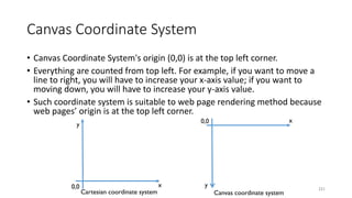 Canvas Coordinate System
• Canvas Coordinate System's origin (0,0) is at the top left corner.
• Everything are counted from top left. For example, if you want to move a
line to right, you will have to increase your x-axis value; if you want to
moving down, you will have to increase your y-axis value.
• Such coordinate system is suitable to web page rendering method because
web pages’ origin is at the top left corner.
2210,0
y
x
x
y
0,0
Cartesian coordinate system Canvas coordinate system
 