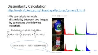 Dissimilarity Calculation
http://web.sfc.keio.ac.jp/~kurabaya/lectures/camera3.html
• We can calculate simple
dissimilarity between two images
by computing the following
equation.
222
𝑑𝑖𝑠𝑠𝑖𝑚𝑖𝑙𝑎𝑟𝑖𝑡𝑦 𝑟1, 𝑔1, 𝑏1, 𝑟2, 𝑔2, 𝑏2 ≔
𝑖=0
255
𝑟1𝑖 − 𝑟2𝑖 +
𝑖=0
255
𝑔1𝑖 − 𝑔2𝑖 +
𝑖=0
255
𝑏1𝑖 − 𝑏2𝑖
 
