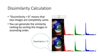 Dissimilarity Calculation
• “Dissimilarity = 0” means that
two images are completely same.
• You can generate the similarity
ranking by sorting the images in
ascending order.
223
 