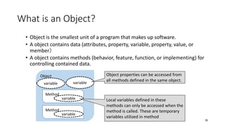 What is an Object?
• Object is the smallest unit of a program that makes up software.
• A object contains data (attributes, property, variable, property, value, or
member）
• A object contains methods (behavior, feature, function, or implementing) for
controlling contained data.
35
Object
Method
variable variable
Method
variable
variable
Object properties can be accessed from
all methods defined in the same object.
Local variables defined in these
methods can only be accessed when the
method is called. These are temporary
variables utilized in method
 