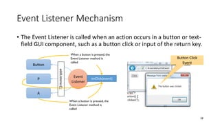Event Listener Mechanism
• The Event Listener is called when an action occurs in a button or text-
field GUI component, such as a button click or input of the return key.
59
Button
P
A
Event
Listener
onClick(event)
addListener();
When a button is pressed, the
Event Listener method is
called
When a button is pressed, the
Event Listener method is
called
Button Click
Event
 