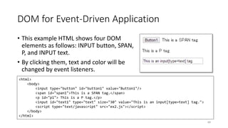 DOM for Event-Driven Application
• This example HTML shows four DOM
elements as follows: INPUT button, SPAN,
P, and INPUT text.
• By clicking them, text and color will be
changed by event listeners.
60
<html>
<body>
<input type="button" id="button1" value="Button1"/>
<span id="span1">This is a SPAN tag.</span>
<p id="p1"> This is a P tag.</p>
<input id="text1" type="text" size="30" value="This is an input[type=text] tag.">
<script type="text/javascript" src="ex2.js"></script>
</body>
</html>
 