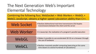 The Next Generation Web’s Important
Elemental Technology
• Realizes bidirectional real-time transmissions (full duplex
transmission) between the client and the serverWeb Socket
• In Javascript, the realization of a program’s parallel executionWeb Worker
• Makes it possible to use accelerated 3D CG on a browser through
the use of hardwareWebGL
• Realizes massively parallel computing (executing at the same
time dozens to several hundreds of calculations)WebCL
7
Combining the following four, WebSocket + Web Workers + WebGL +
WebCL JavaScript, obtains a higher speed calculation ability than C++.
 