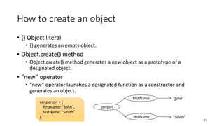 How to create an object
• {} Object literal
• {} generates an empty object.
• Object.create() method
• Object.create() method generates a new object as a prototype of a
designated object.
• “new” operator
• “new” operator launches a designated function as a constructor and
generates an object.
72
var person = {
firstName: "John",
lastName: "Smith"
};
person
firstName
lastName
"John"
"Smith"
 